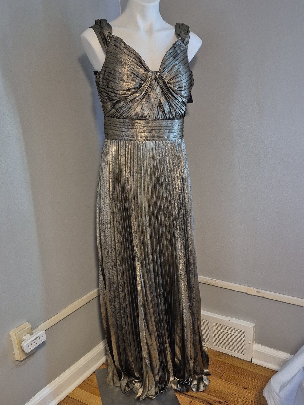 Tahari Metallic Gold Pleated Maxi Dress